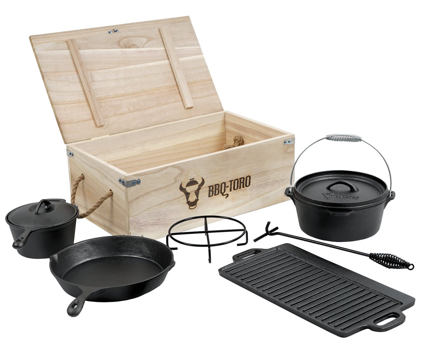 BBQ-Toro Grilltopf BBQ-Toro 7-teiliges Dutch Oven Set mit Holzkiste und viel Zubehör, Gusseisen (7-teiliges Dutch Oven Set mit Holzkiste und viel Zubehör, 7-tlg) von BBQ-Toro