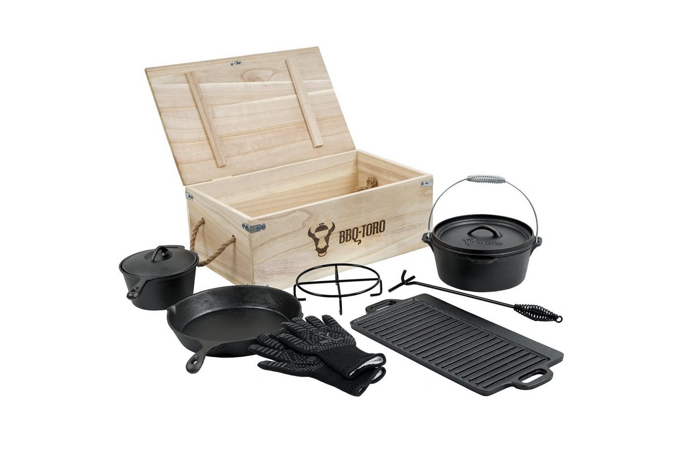 BBQ-Toro Grilltopf 8-tlg. Dutch Oven Set in Holzkiste, Gusseisen, bereits eingebrannt, Gusseisen (8-teiliges Dutch Oven Set in Holzkiste, 8-tlg) von BBQ-Toro