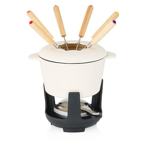 BBQ-Toro Gusseisen Fondue Set für 6 Personen | 1 Liter | Fondueset 13 teilig mit Brenner und Gabeln | Fondue-Set, Käsefondue Set, Fleischfondue Set, Schokofondue Set (Creme emailliert) von BBQ-Toro