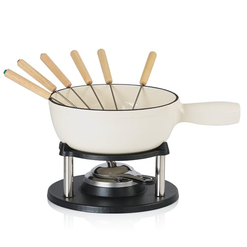 BBQ-Toro Gusseisen Fondue Set für 6 Personen | 2 Liter | Fondueset 9 teilig mit Brenner und Gabeln | Fondue-Set, Käsefondue Set, Fleischfondue Set, Schokofondue Set (Creme emailliert) von BBQ-Toro