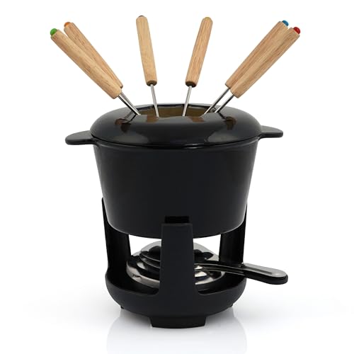 BBQ-Toro Gusseisen Fondue Set für 6 Personen | 1 Liter | Fondueset 13 teilig mit Brenner und Gabeln | Fondue-Set, Käsefondue Set, Fleischfondue Set, Schokofondue Set (schwarz/Creme emailliert) von BBQ-Toro