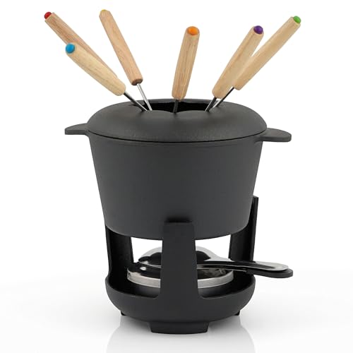 BBQ-Toro Gusseisen Fondue Set für 6 Personen | 1 Liter | Fondueset 13 teilig mit Brenner und Gabeln | Fondue-Set, Käsefondue Set, Fleischfondue Set, Schokofondue Set (schwarz bereits eingebrannt) von BBQ-Toro