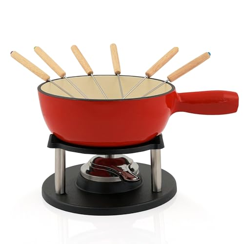 BBQ-Toro Gusseisen Fondue Set für 6 Personen | 2 Liter | Fondueset 9 teilig mit Brenner und Gabeln | Fondue-Set, Käsefondue Set, Fleischfondue Set, Schokofondue Set (rot/Creme emailliert) von BBQ-Toro