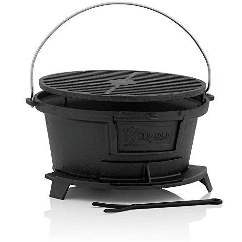 BBQ-Toro Gusseisen Grilltopf mit Grillrost | (B) 32 x (T) 33 x (H) 18 cm | Hibachi Style Grill mit Grillrostheber | Holzkohle Campinggrill, Gusseisen Feuertopf, BBQ Grill, Dutch Oven Station von BBQ-Toro