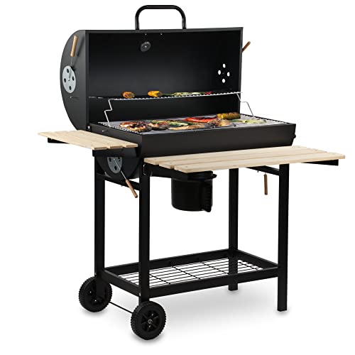 BBQ-Toro Holzkohle Grillwagen mit Deckel | Ø 80 x (L) 42 cm | Premium Holzkohlegrillwagen fahrbar, inkl. Thermometer, Warmhalterost, Holz Ablagen | Smoker, Holzkohlegrill, Barbecue Grill, Holz Grill (BBQ11) von BBQ-Toro