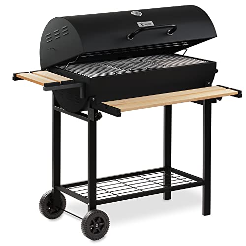 BBQ-Toro Holzkohle Grillwagen mit Deckel | Ø 80 x (L) 42 cm | Premium Holzkohlegrillwagen fahrbar, inkl. Thermometer, Warmhalterost, Holz Ablagen | Smoker, Holzkohlegrill, Barbecue Grill (BBQ13) von BBQ-Toro