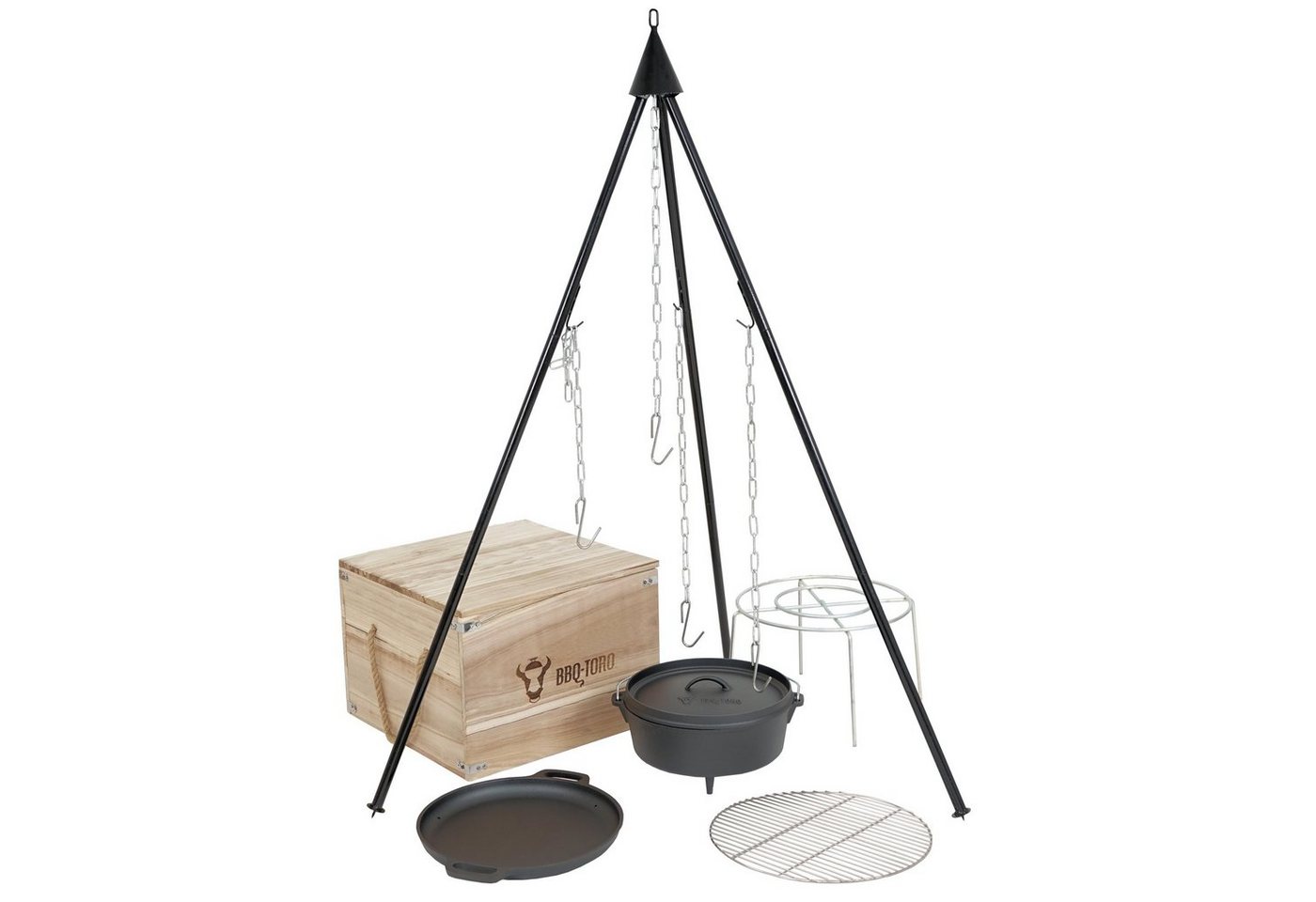 BBQ-Toro Holzkohlegrill Dutch Oven Kit in Holzkiste, 6-tlg. Gusseisen Kochset, Grillzubehör von BBQ-Toro