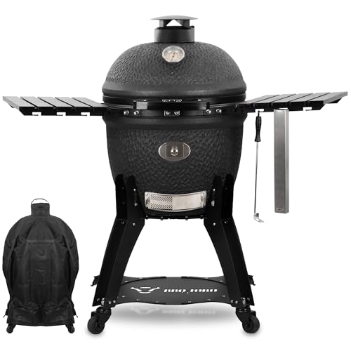 BBQ-Toro Kamado Grill Holzkohlegrill "Yoru" Ø 56 cm mit Seitenablagen, Thermometer | matt schwarz | Bubble Frosted Glaze | Ceramic Grill mit Rollen, Keramikgrill, BBQ Keramik Grill, Kugelgrill von BBQ-Toro