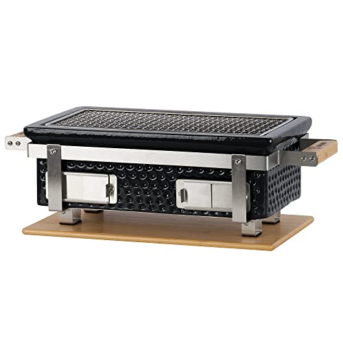 BBQ-Toro Keramik Tischgrill mit Holzunterlage | 50 x 23 x 17 cm | Hibachi Tischgrill ohne Strom | Schwarz | Minigrill, Tischgrill Holzkohle, Kohlegrill Camping Grill Holzkohle, Mini Grill Holzkohle von BBQ-Toro