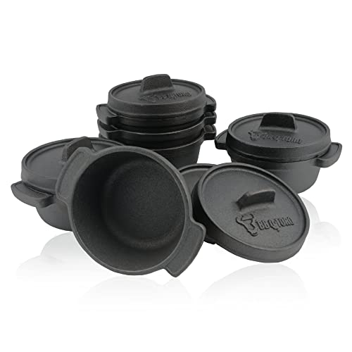 BBQ-Toro Mini Dutch Oven Set (6 Stück), Ø 11 cm, bereits eingebrannt - preseasoned, Gusseisen Serviertöpfe, Kochtopf kleiner Bräter Gusstopf von BBQ-Toro