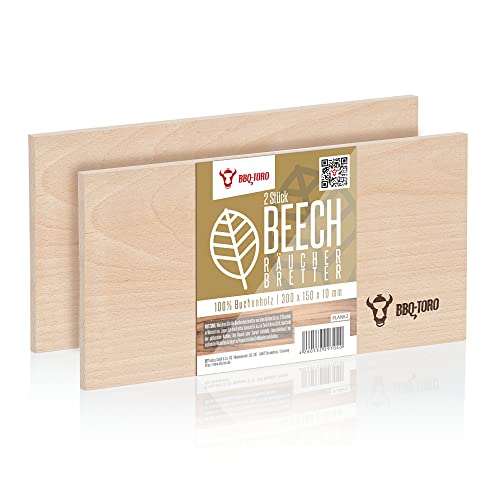 BBQ-Toro Räucherbrett aus 100% Buchenholz (2 Stück) | 30 x 15 x 1 cm | Grillbrett zum Erzeugen von Raucharomen für Fisch, Fleisch, Gemüse, Backwaren | Planke zum Grillen, BBQ, Backen von BBQ-Toro