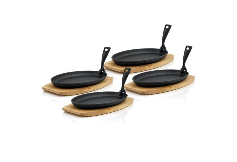 BBQ-Toro Servierpfanne 4er Gusseisen Servierpfännchen-Set, 27 x 18 cm, blank, Gusseisen (Set), Gusseisen Servierpfännchen-Set mit Holzbrett von BBQ-Toro