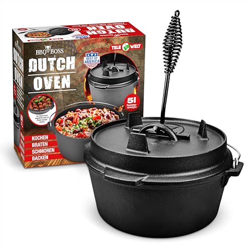 BBQ BOSS Dutch Oven [5L Kapazität] Gusseisen – Topf – Schmortopf – cast iron – Feuertopf – Gulaschkessel – Mit Deckel von BBQBOSS