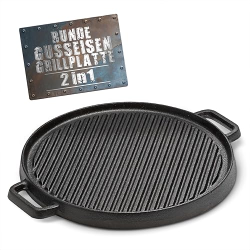 BBQ BOSS Gusseisen Grillplatte [2 in 1] Grillrost – Grillplatte rund – Platte für den Grill – wendbar – für Grill und Ofen – Ø 29,5 von BBQBOSS
