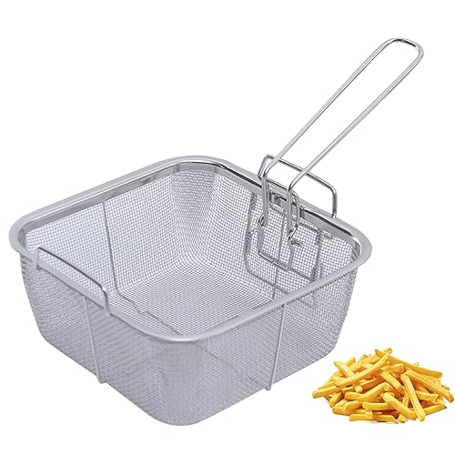 BBTISG Edelstahl Frittierkörbe mit Griff, 24 x 24cm Quadratisch Draht Frittierkorb Langer Griff Universal Edelstahl Lebensmittel Siebkorb zum Braten, Abtropfen und Spülen von BBTISG