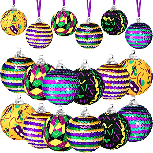 12 Stück Mardi Gras Ball Ornamente Lila Grün Gelb Karneval Baum Ornament, Mardi Gras Dekorationen Pailletten Ball für Karneval Urlaub Maskerade Party Dekorationen von BBTO