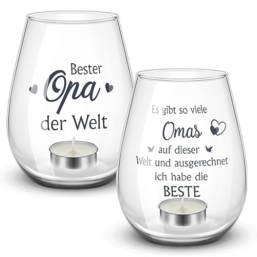 BBTO 2 Stück Oma und Opa Teelichthalter 12 Unzen Klarglas Kerzenhalter mit 4 Teelichtern Lustige Votivkerzen Teelichtgläser Oma Opa Geschenke Heimdekoration für Party Geburtstag Halloween Weihnachten von BBTO