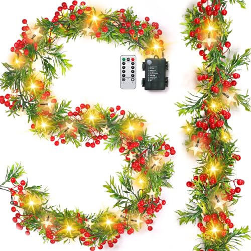 BBTO 2 Stück Weihnachten Girlande Lichterketten Beerengirlande mit 20 LED Sternen Grün Blättern und Rot Beeren 12 Fuß Batteriebetrie Weihnachtsgirlanden mit Beleuchtung 8 Modi Zeitmesser Fernbedienung von BBTO