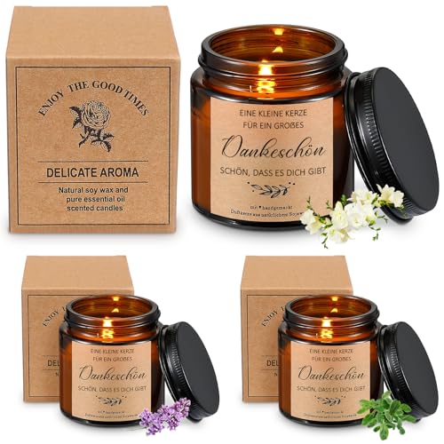 BBTO 3 Stück Dankeschön Geschenk für Frauen Sojawachs Duftkerzen im Glas Lavendel Duftkerzen Geburtstag Geschenk für Freundin Kollegin Mama Oma Stress Abbauen(Dankeschön Schön, Dass Es Dich Gibt) von BBTO