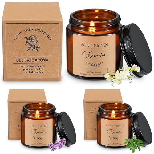 BBTO 3 Stück Dankeschön Geschenk für Frauen Sojawachs Duftkerzen im Glas Lavendel Duftkerzen Geburtstag Geschenk für Freundin Kollegin Mama Oma Stress Abbauen(Von Herzen Danke) von BBTO
