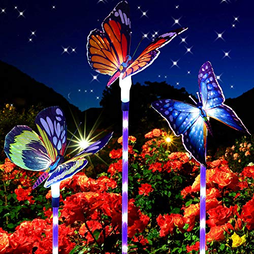 BBTO 3 Stücke Glas Faser Schmetterling Solar Dekoration Licht Outdoor Mehrfarbig LED Schmetterling Garten Dekor Wasserdicht Schmetterling Licht mit Lila LED Licht Anteil für Patio Hof Rasenweg von BBTO