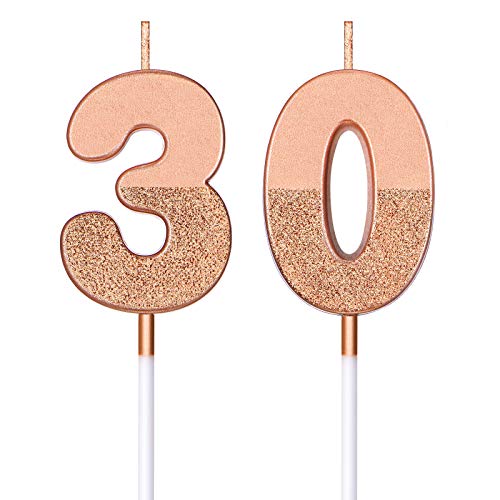 BBTO 30. Geburtstag Kerzen Glitzer Kuchen Ziffern Kerzen 30. Geburtstag Torte Topper Dekoration für Geburtstag Hochzeit Jahrestag Feier Gunst, Rose Gold von BBTO