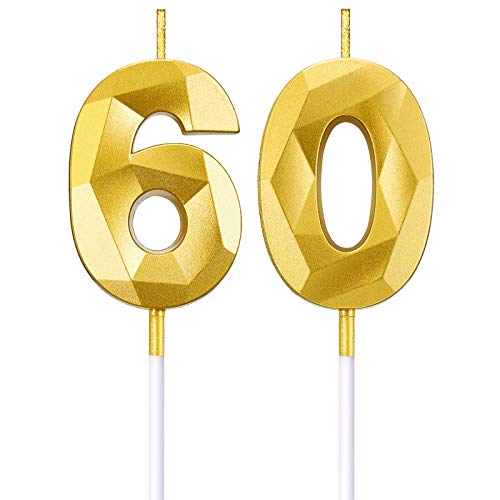 BBTO 60. Geburtstag Nummer Kerzen 3D Diamant Form Kuchen Kerzen Zahl 60 Kuchen Topper Dekoration für Geburtstag Hochzeit Jahrestag Feier Lieferung, Gold von BBTO