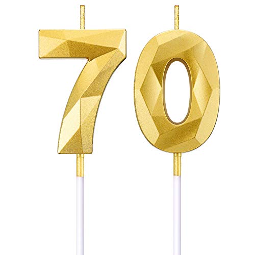 BBTO 70. Geburtstag Nummer Kerzen 3D Diamant Form Kuchen Kerzen Zahl 70 Kuchen Topper Dekoration für Geburtstag Hochzeit Jahrestag Feier Lieferung, Gold von BBTO