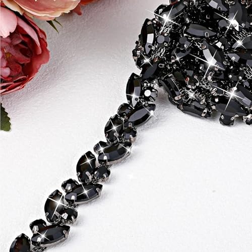 BBTO Strass-Kettenverzierung, Verzierung, Kristall, Hochzeit, Brautkostüm, Blume, Blattkette, Nähen, Bling-Besatz für Schmuck, DIY, Halsketten, Taschen, Partys (2,7 m, schwarz) von BBTO
