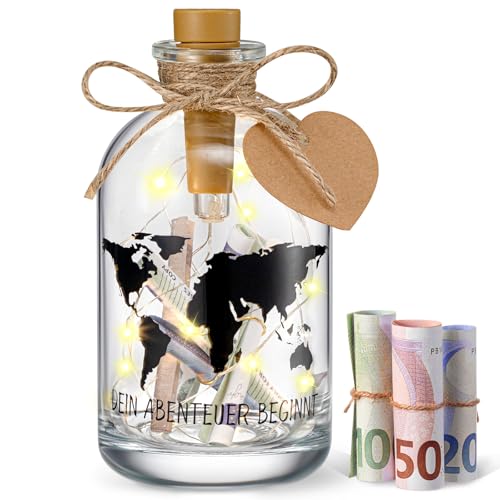BBTO Hochzeit Geldgeschenke Weltkarte LED Flaschenlicht mit Spruch Dein Abenteuer Beginnt Flaschenlichterkette Beleuchtete Dekoflasche Geldgeschenke Verpackung Geld Hochzeitsgeschenk für Brautpaare von BBTO