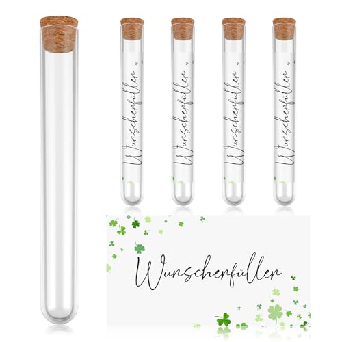 BBTO Wunscherfüller Geldgeschenke 5 Transparente Reagenzgläser 5 Reagenzglaspapier Reagenzglas mit Korken Reagenzglas mit Wunscherfüller Kleeblattmuster Papier für Samen Einladungen Gutscheinen von BBTO