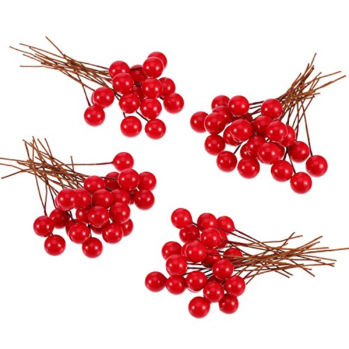 Künstliche Holly Beeren, 100 Stück Mini 10 mm Fake Beeren Dekor auf Draht für Weihnachtsbaum Dekorationen Blumen Kranz DIY Handwerk Gebrauch (Rot) von BBTO