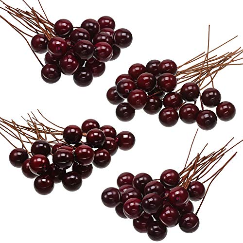 Künstliche Holly Beeren, 100 Stück Mini 10 mm Gefälschte Beeren Dekor auf Draht für Weihnachtsbaum Dekoration Blumen Kranz DIY Handwerk Verwenden (Dunkel Rot) von BBTO