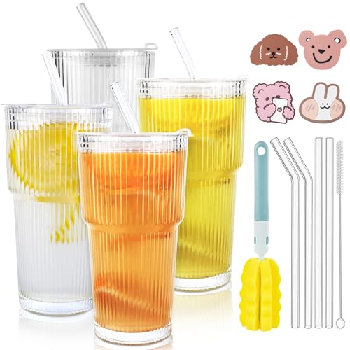 BBWELL 4 Stück 600ml Gerippte Glasbecher mit Deckel und Strohhalm,Eiskaffee Gläser,Smoothie Becher,Auslaufsicher Design,Gläser Set für Cappuccino,Latte,Tee,EIS,Eistee,Milch,Saft BBWELL 4 Stück 600ml Gerippte Glasbecher mit Deckel und Strohhalm,Eiskaffee Gläser,Smoothie Becher,Auslaufsicher Design,Gläser Set für Cappuccino,Latte,Tee,EIS,Eistee,Milch,Saft von BBWELL