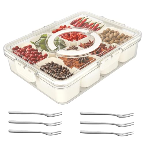 BBWELL Snackbox mit Fächern,Snackschale mit Deckel und Griff,Snackteller Mit 8 FäChern und Griff Wiederverwendbar,Snacktablett Organizer für SüßIgkeiten Candy Veggie Keks Nüsse Desserts Obst von BBWELL