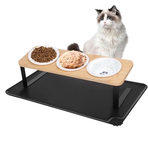 BBWELL Ceramic Feeding Bowls,Katzennapf Erhöht – 3er Set futternapf Katze aus Keramik mit 15° Neigung,mit rutschfestem Bambus und Metallhalter & Silikonpad – Futterstation für Katzen & kleine Hunde von BBWELL