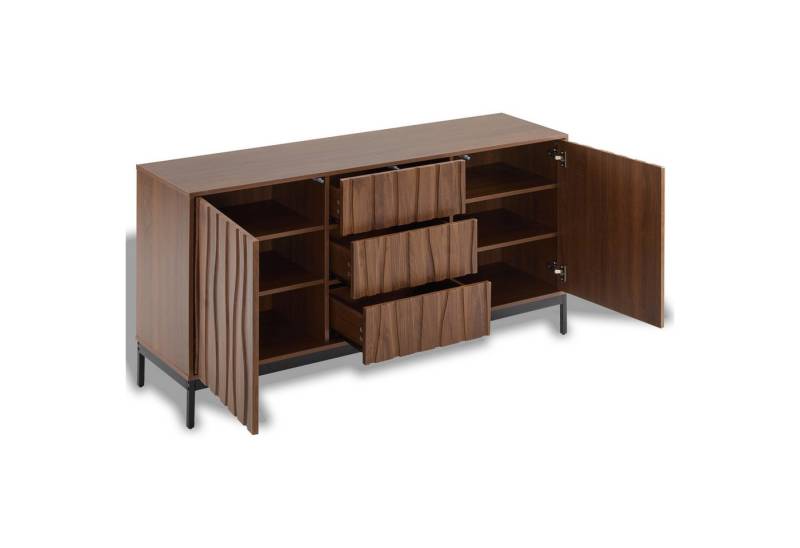 BBWL Anrichte Sideboard 150×40×80 cm in dunkler Eichenoptik mit 3 Schubladen (dekorativem Schlitzdesign und schwarzen Metallfüßen, mit verstellbaren Regalböden, Push-to-Open-Funktion und Anti-Kipp-Sicherung, ideal als Küchenschrank, Flurschrank oder Wohnzimmerkommode. Vielseitig einsetzbar für stilvolle Ordnung im gesamten Wohnbereich) von BBWL