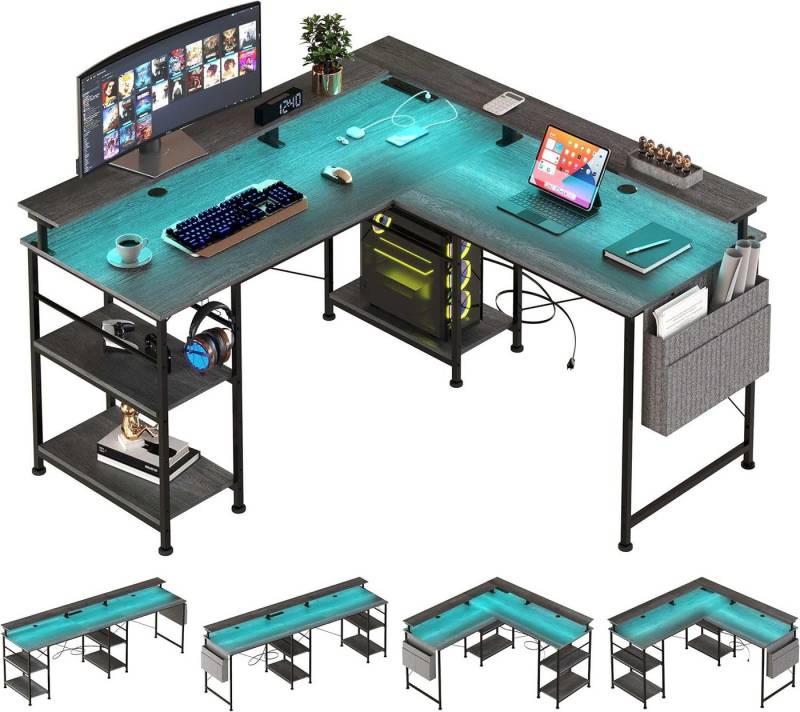 BBWL Computertisch L-förmiger Gaming-Schreibtisch mit LED, Steckdose, Monitorständer, 140 x 140 x 85 cm,mit Ablagefach, langer 2-Personen-Schreibtisch von BBWL