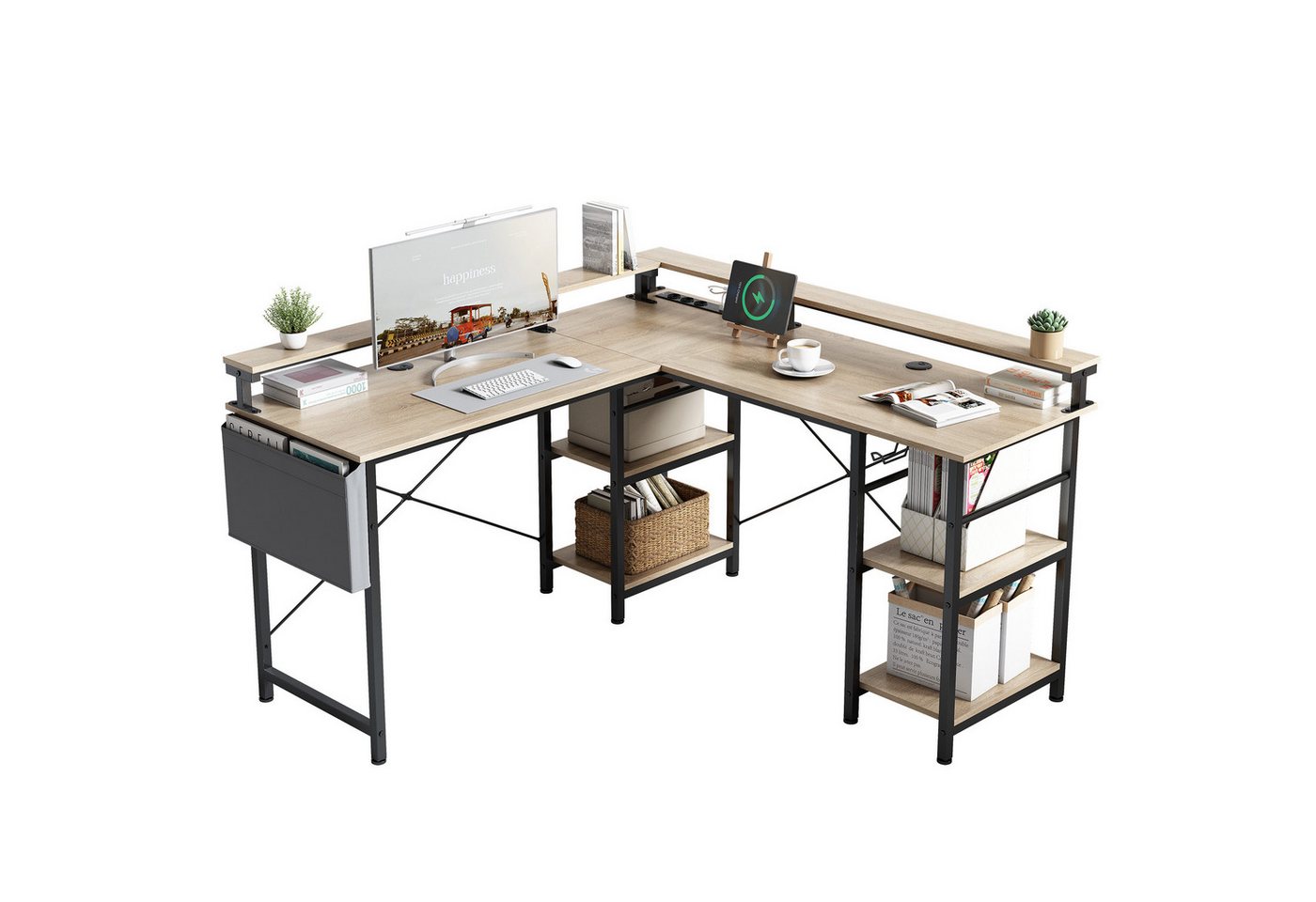 BBWL Computertisch L-förmiger Gaming-Schreibtisch mit LED, Steckdose, Monitorständer, 140 x 140 x 85 cm,mit Ablagefach, langer 2-Personen-Schreibtisch von BBWL