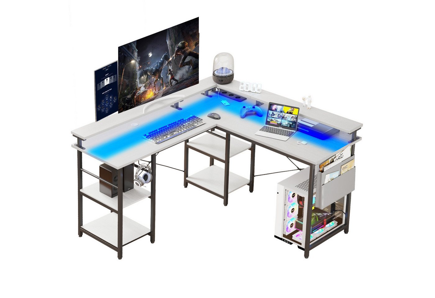 BBWL Computertisch L-förmiger Gaming-Schreibtisch mit LED, Steckdose, Monitorständer, 140 x 140 x 85 cm,mit Ablagefach, langer 2-Personen-Schreibtisch von BBWL