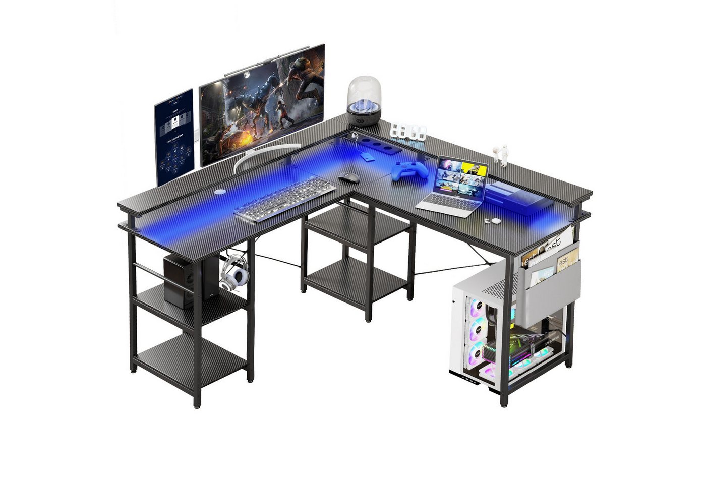 BBWL Computertisch L-förmiger Gaming-Schreibtisch mit LED, Steckdose, Monitorständer, 140 x 140 x 85 cm,mit Ablagefach, langer 2-Personen-Schreibtisch von BBWL