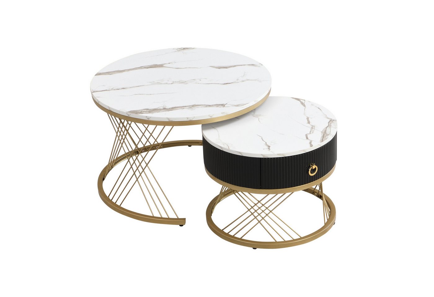 BBWL Couchtisch Modularer Couchtisch 2er-Set in Marmoroptik (mit goldenen Metallbeinen & Schublade, höhenverstellbar, kombinierbar, Beistelltisch-Set 70×70×45 cm & 50×50×40 cm, MDF & Metall) von BBWL