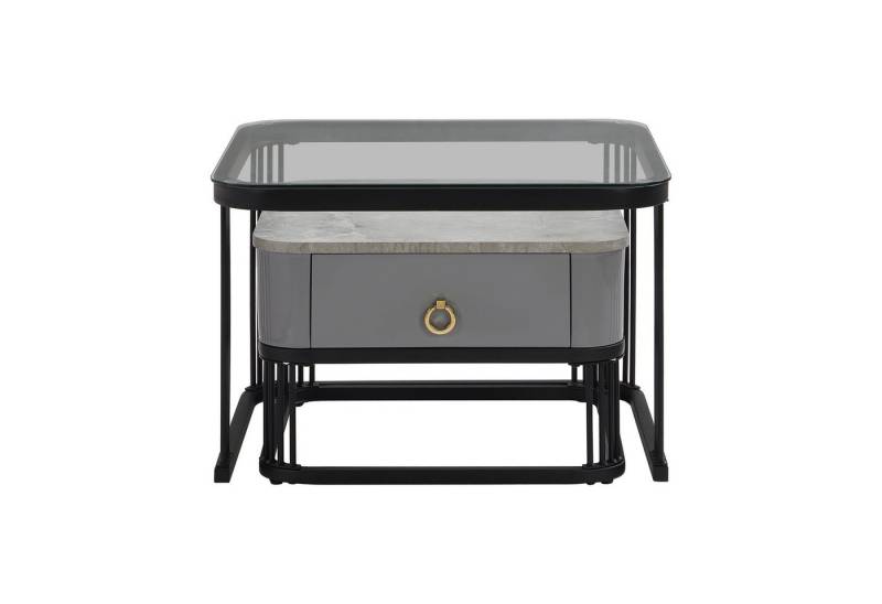 BBWL Couchtisch 2er-Set Couchtische stapelbar- Marmoroptik & Glasplatte (mit Schublade & goldfarbenem Griff, schwarz-graues Design, Metallgestell, Beistelltisch 60×60×42 cm + 50×50×34 cm) von BBWL
