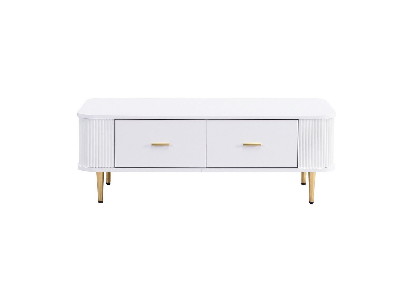 BBWL Couchtisch Eleganter Couchtisch mit 4 Schubladen in Weiß und Gold 105x51x38 cm (moderner Wohnzimmertisch mit geschwungenen Ecken gewellten Seiten und goldenen Füßen sicherer MDF Tisch für Familien mit Kindern und Haustieren) von BBWL