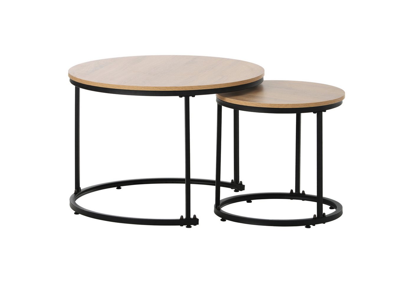 BBWL Couchtisch 2er Set runde Couchtische in Eiche-Optik, stapelbar & platzsparend (MDF-Tischplatte mit Holzmaserung, Metallrahmen in Schwarz, Beistelltisch-Set für Wohnzimmer, Ø70,5 & Ø44 cm) von BBWL