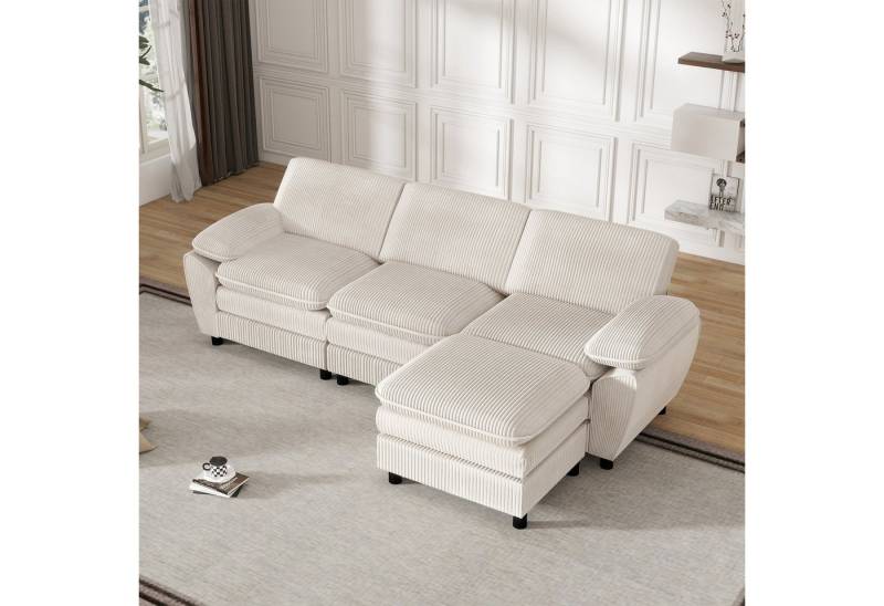 BBWL Ecksofa Modulares Cord-Sofa mit Ottoman, weichem Kissenrücken und Holzrahmen, wandelbares 3-Sitzer Sofa für Wohnzimmer im modernen Stil,Weiß von BBWL