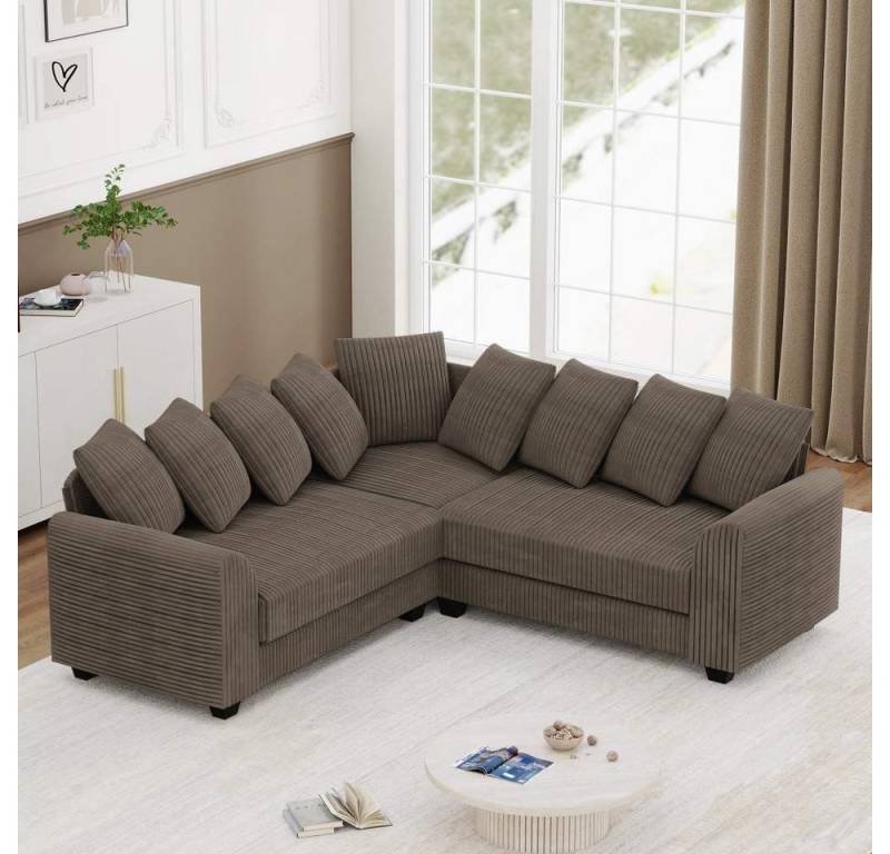 BBWL Ecksofa Modulares L-Sofa aus weichem Cordstoff mit umkehrbarem Eckmodul,Braun, tiefem Sitzkomfort, Massivholzrahmen, 9 Rückenkissen & hoher Belastbarkeit für Wohnzimmer von BBWL