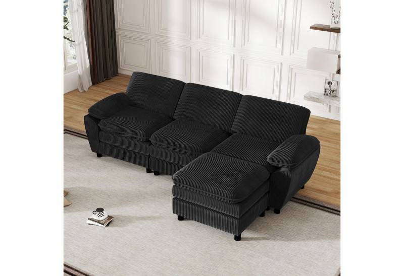 BBWL Ecksofa Modulares Sofa Cord 3-Sitzer mit Ottoman, Schwarz, Tiefe Sitzfläche, weiche Kissen, Massivholzrahmen, flexibel kombinierbar, hoher Komfort von BBWL