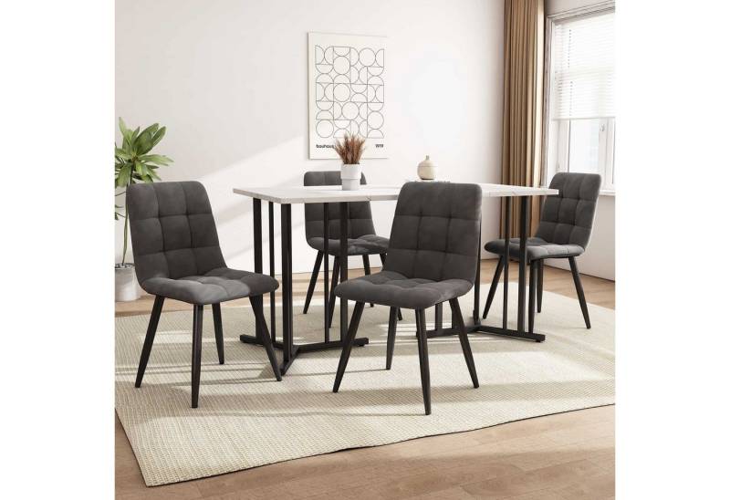 BBWL Essgruppe Essgruppe (5-tlg), Esstisch 140x80 cm mit weißer MDF-Tischplatte, (schwarzen Metallbeinen, 4 gepolsterte Esszimmerstühle aus dunkelgrauem Samt mit Rückenlehne) von BBWL