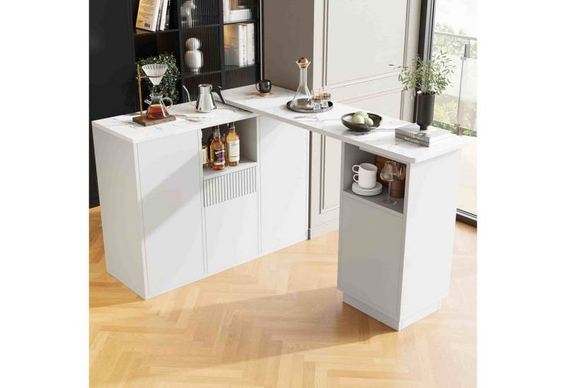 BBWL Esstisch 360° drehbarer Bartisch mit moderner Marmor-Arbeitsplatte (flexiblem L-förmigen Design, offenem Stauraum, robustem MDF-Gestell, vielseitig als Kücheninsel, Bar oder Wohnzimmerschrank,198,5x30x72,5 cm) von BBWL